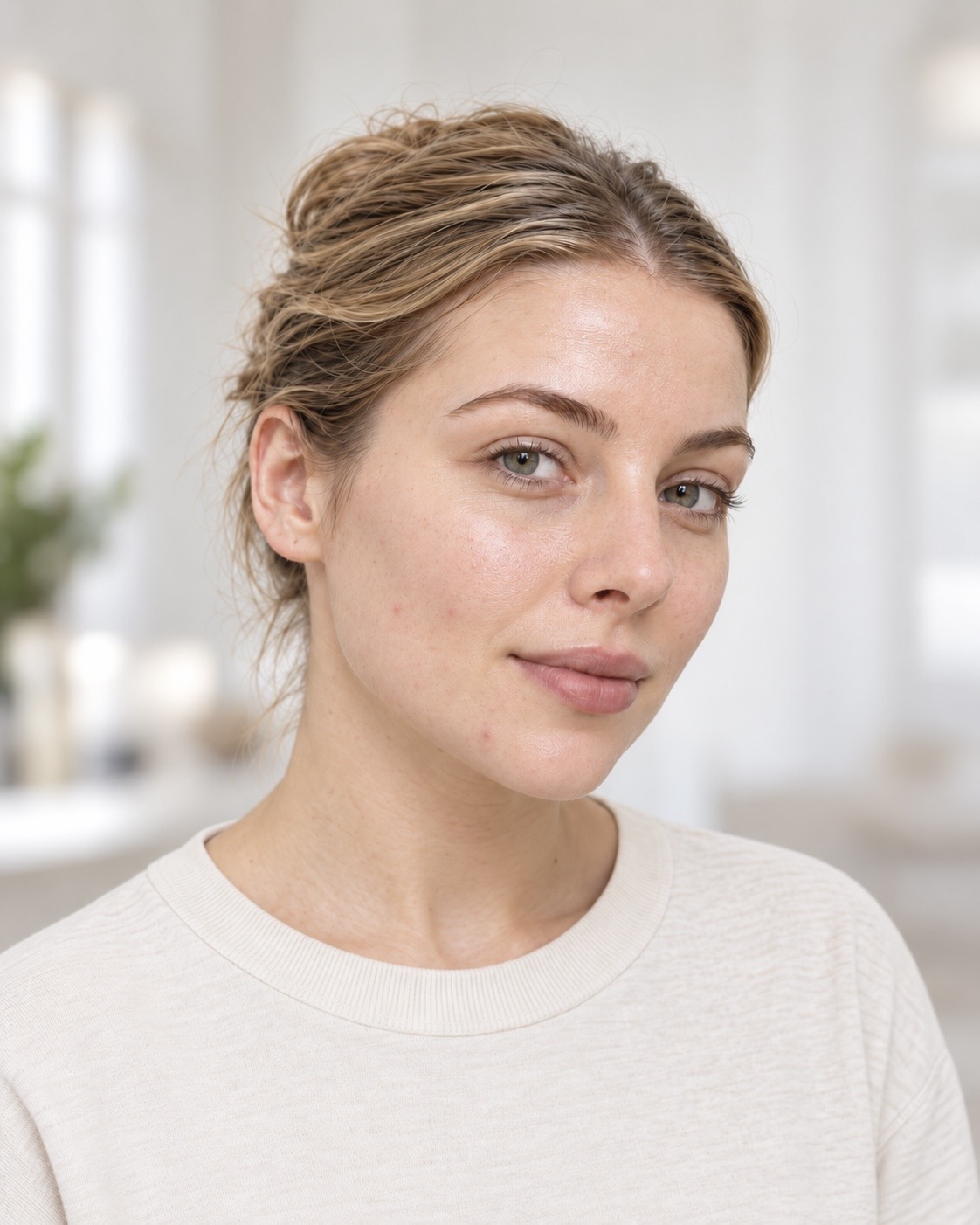 Portrait of a young woman with fair hair pulled back and a few visible blemishes on her skin