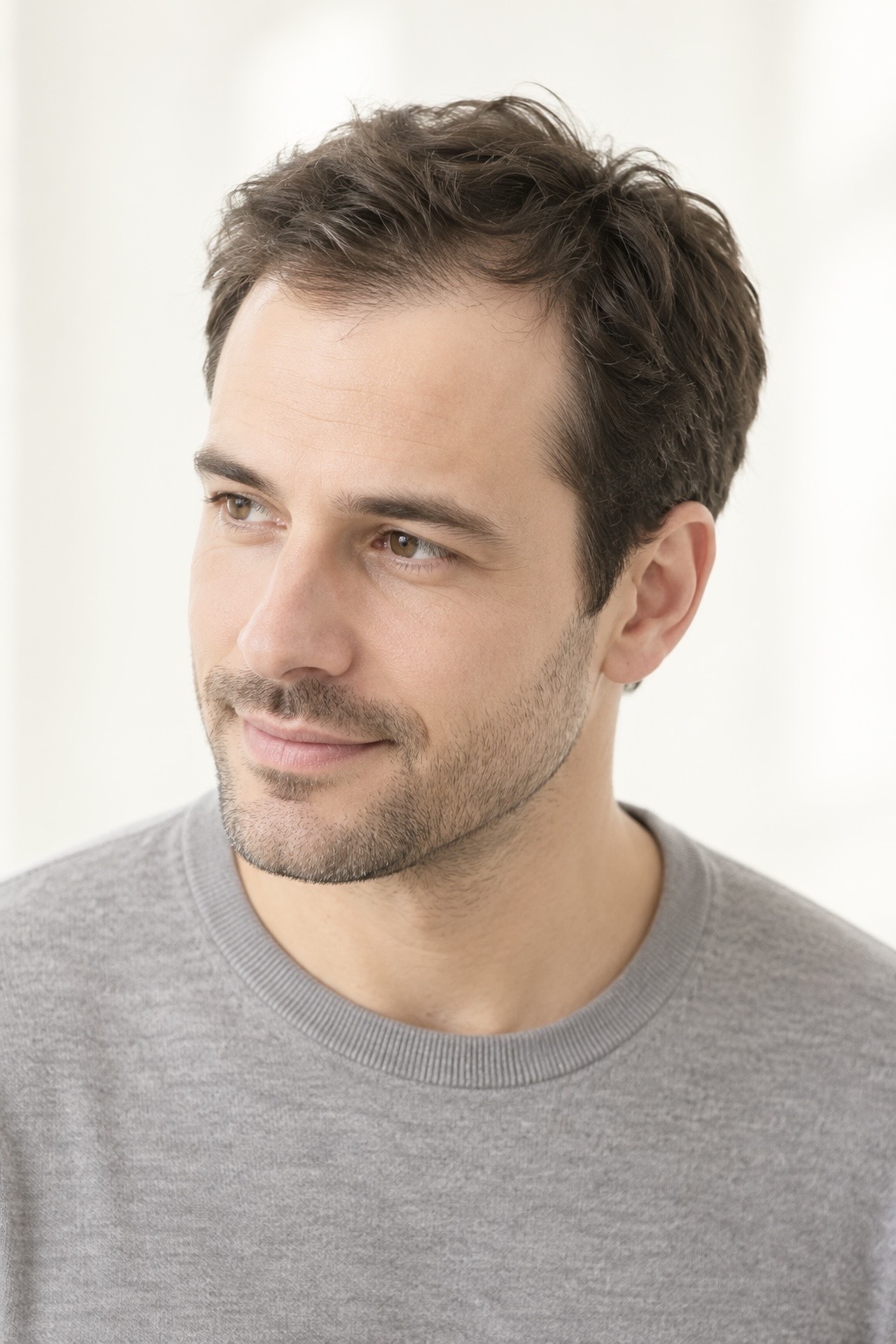 Portrait of a man with short brown hair and a receding hairline at the temples