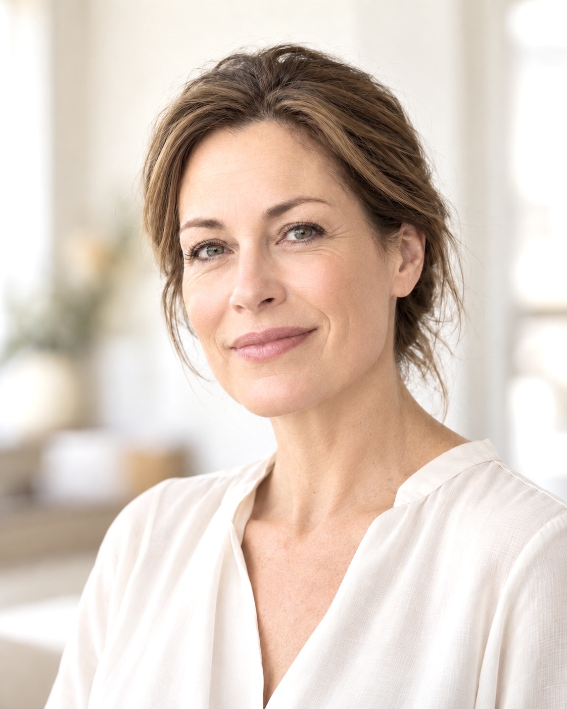 Portrait of a woman with brown hair loosely pinned back and fine lines around her eyes
