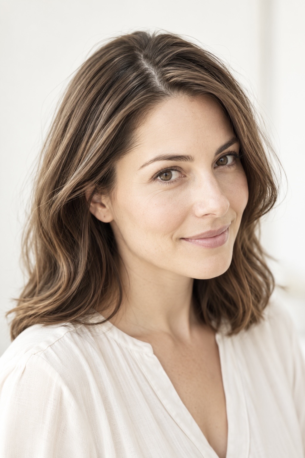 Portrait of a woman with shoulder-length brown hair and a visible side parting