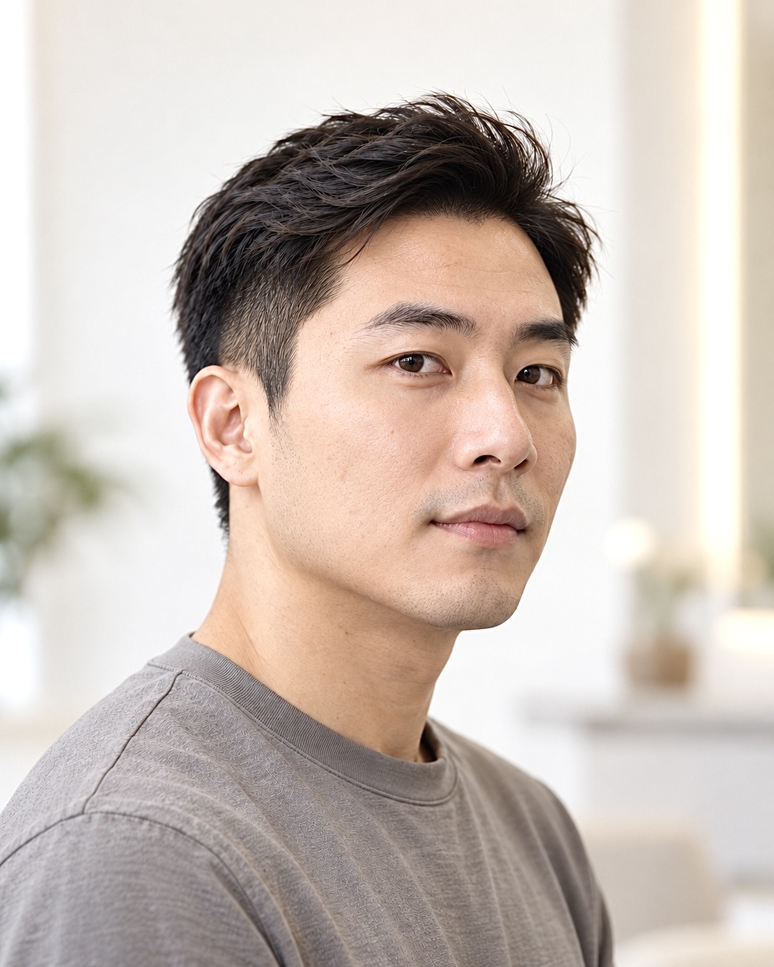 Portrait of a man with short dark hair, his skin showing natural surface texture