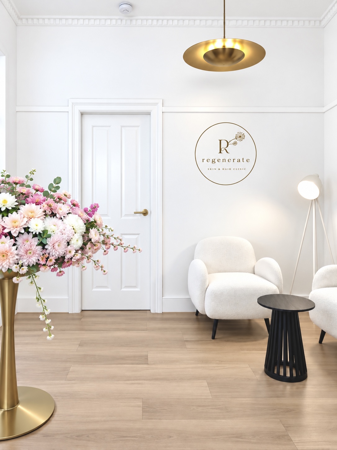 Regenerate Skin & Hair Clinic reception, with the clinic's wall logo, armchair seating and a floral display