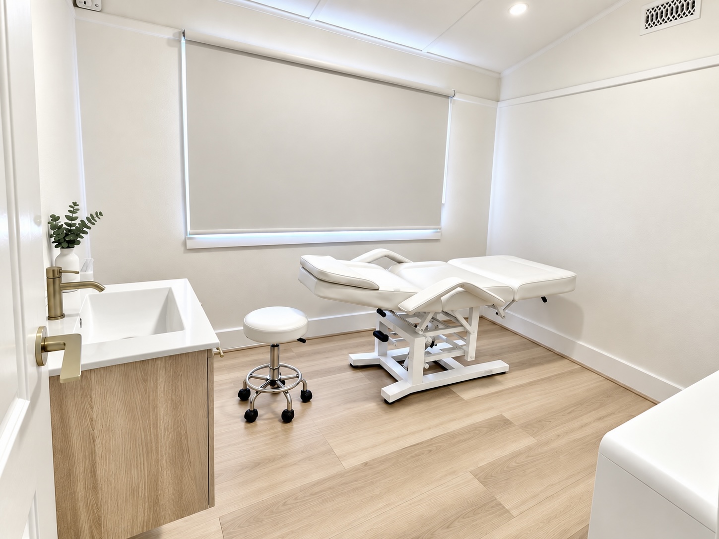 A private treatment room with a single treatment bed, basin and stool